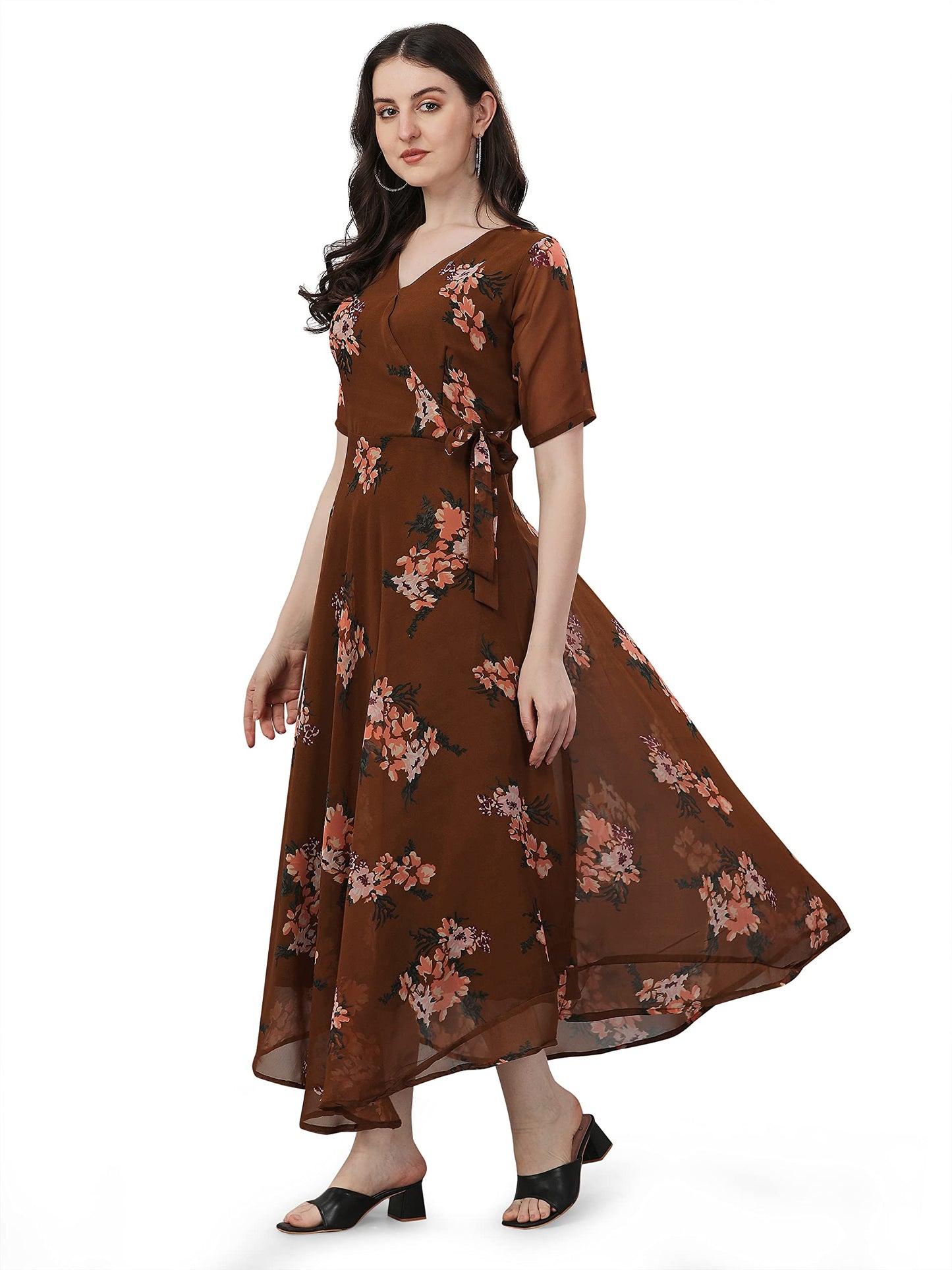 Trillmixa WomenS Georgette Midi Dress With Floral Printed Pattern Long Sleeves Knee Length V Neck A Line Style And Regular Fit