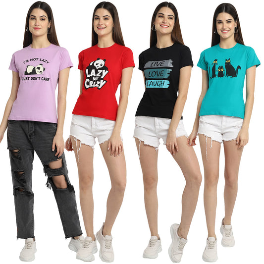 Preneum Womens Cotton Regular Fit Latest Graphic Stylish Printed Short Sleeves Casual T-Shirt || Trendy Design & Stylish (Pack