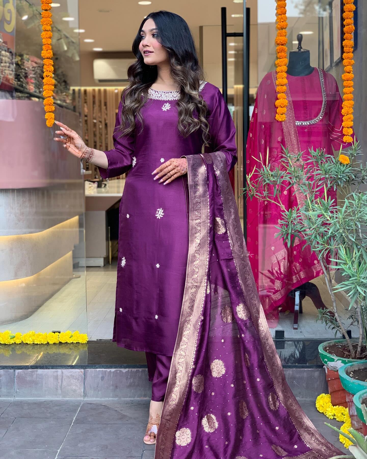 Gosriki WomenS Cotton Blend Straight Embroidered Kurta With Pant & Dupatta (Beyond Purple-Gs_4Xl_Purple_Xxxx-Large)