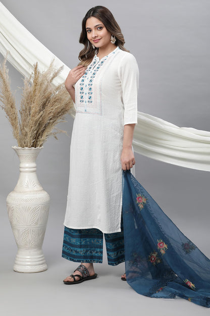 Aurelia White Floral Printed Printed Cotton-Rayon Blend Straight Long Kurta