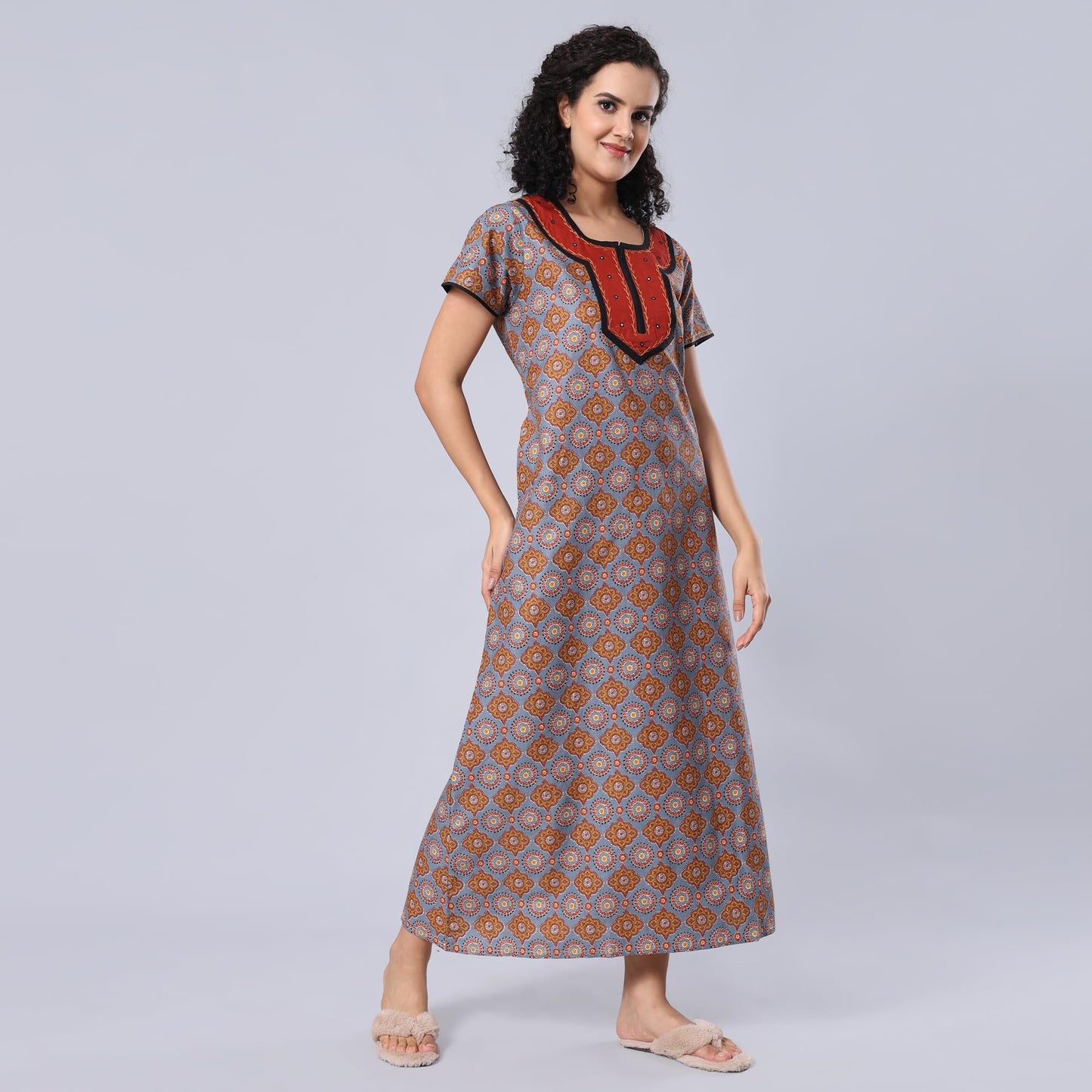 Evolove WomenS 100% Cotton Supersoft With Beautiful Embroidery Long Maxi Night Gown Nighty Dress With Pocket, Most Comfortable