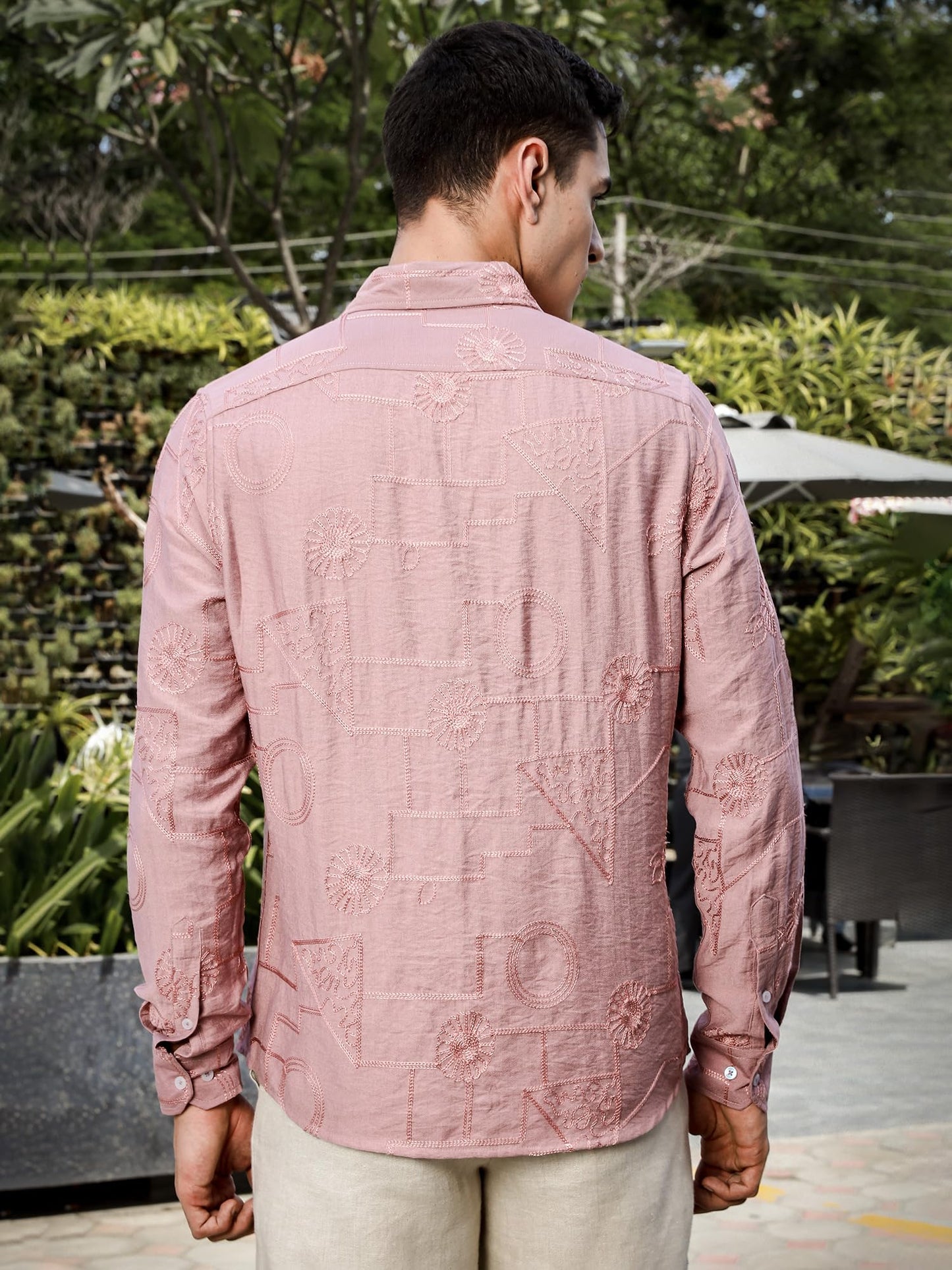 Thomas Scott Self Printed Embriodired Casual Shirt for Men Pink