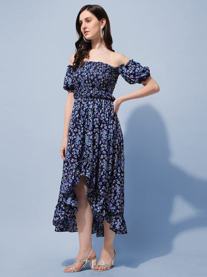 Oomph! Flared Dress For Women Stylish | Long One Piece For Women | Off Shoulder Puff Sleeve Long Dress | Floral Print Maxi One P