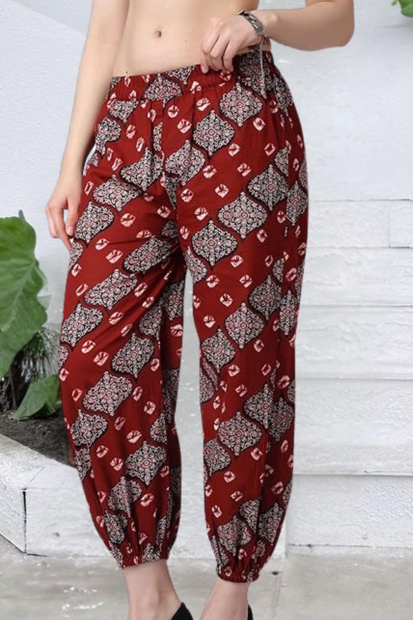 POPWINGS Casual Bagru Printed Cotton Joggers for Women - Latest Stylish Western Summer Pants - Pull-On Maroon
