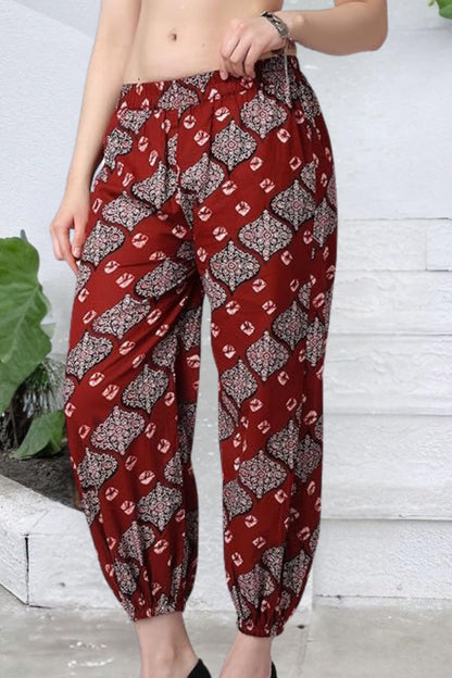POPWINGS Casual Bagru Printed Cotton Joggers for Women - Latest Stylish Western Summer Pants - Pull-On Maroon