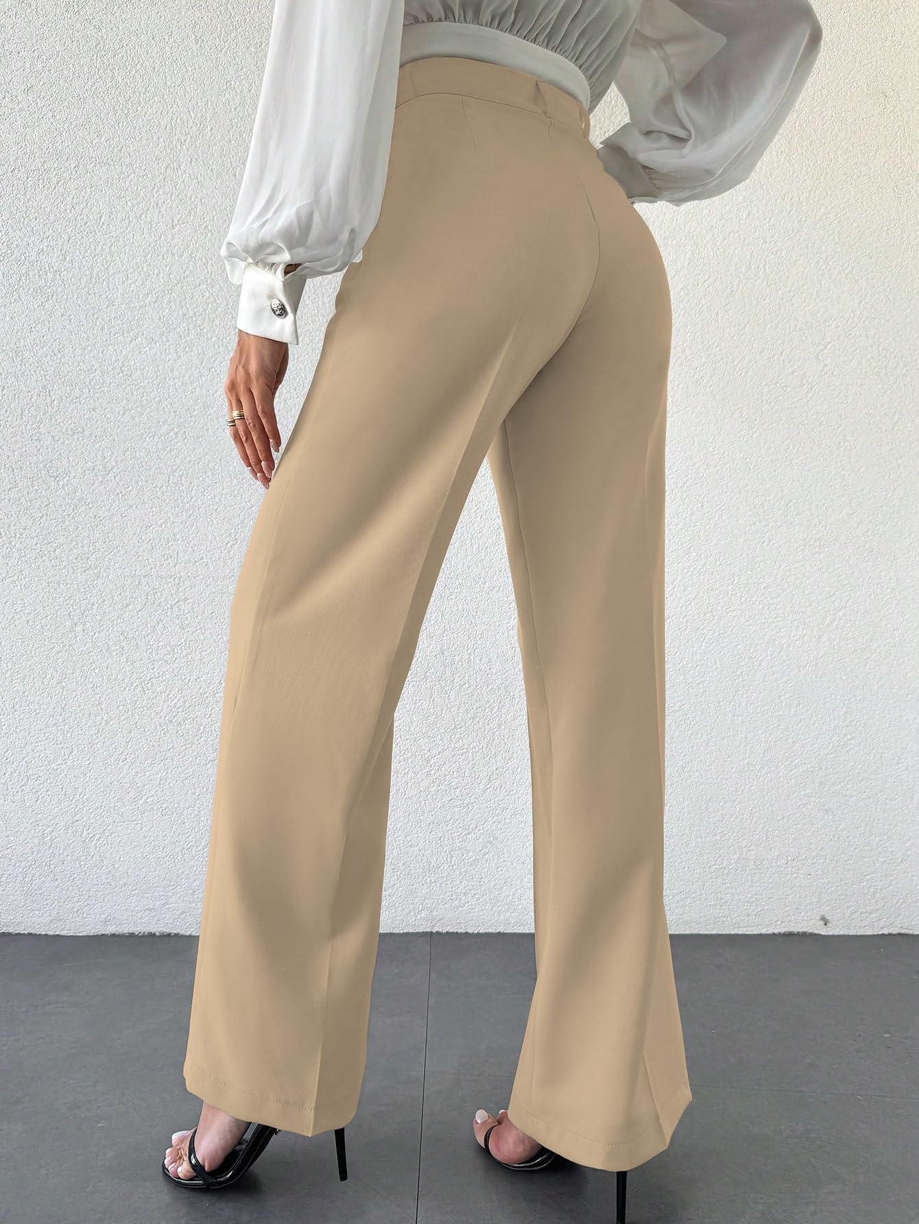 Shasmi Womens Solid Cream Color High Waist, Wide Straight-Leg Loose Fit, Front Button Closure, Simple Daily Casual Long Pants w