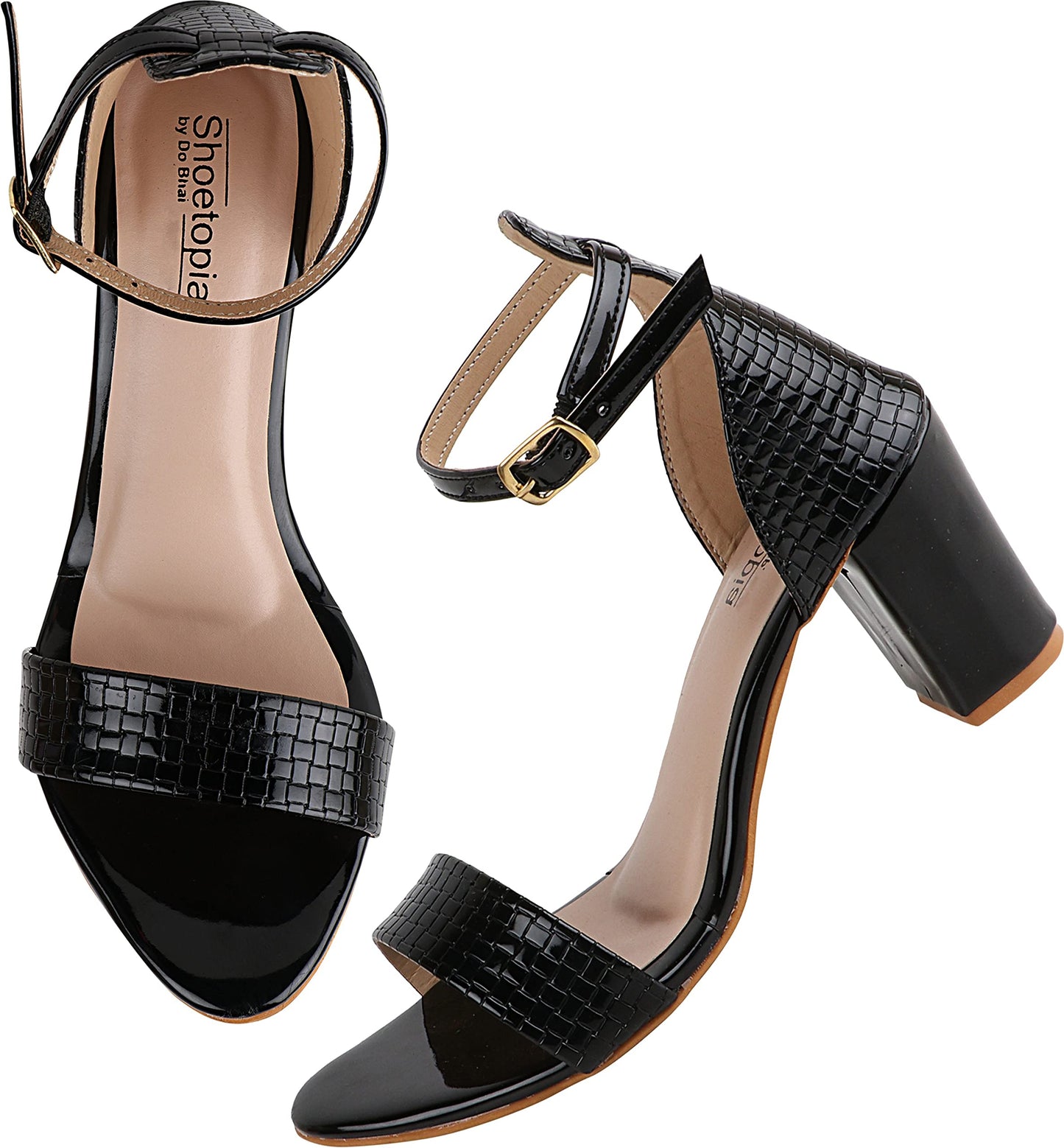 Shoetopia Womens/Girls Black Woven Design Block Heels Sandals