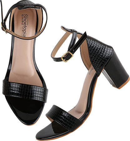 Shoetopia Womens/Girls Black Woven Design Block Heels Sandals