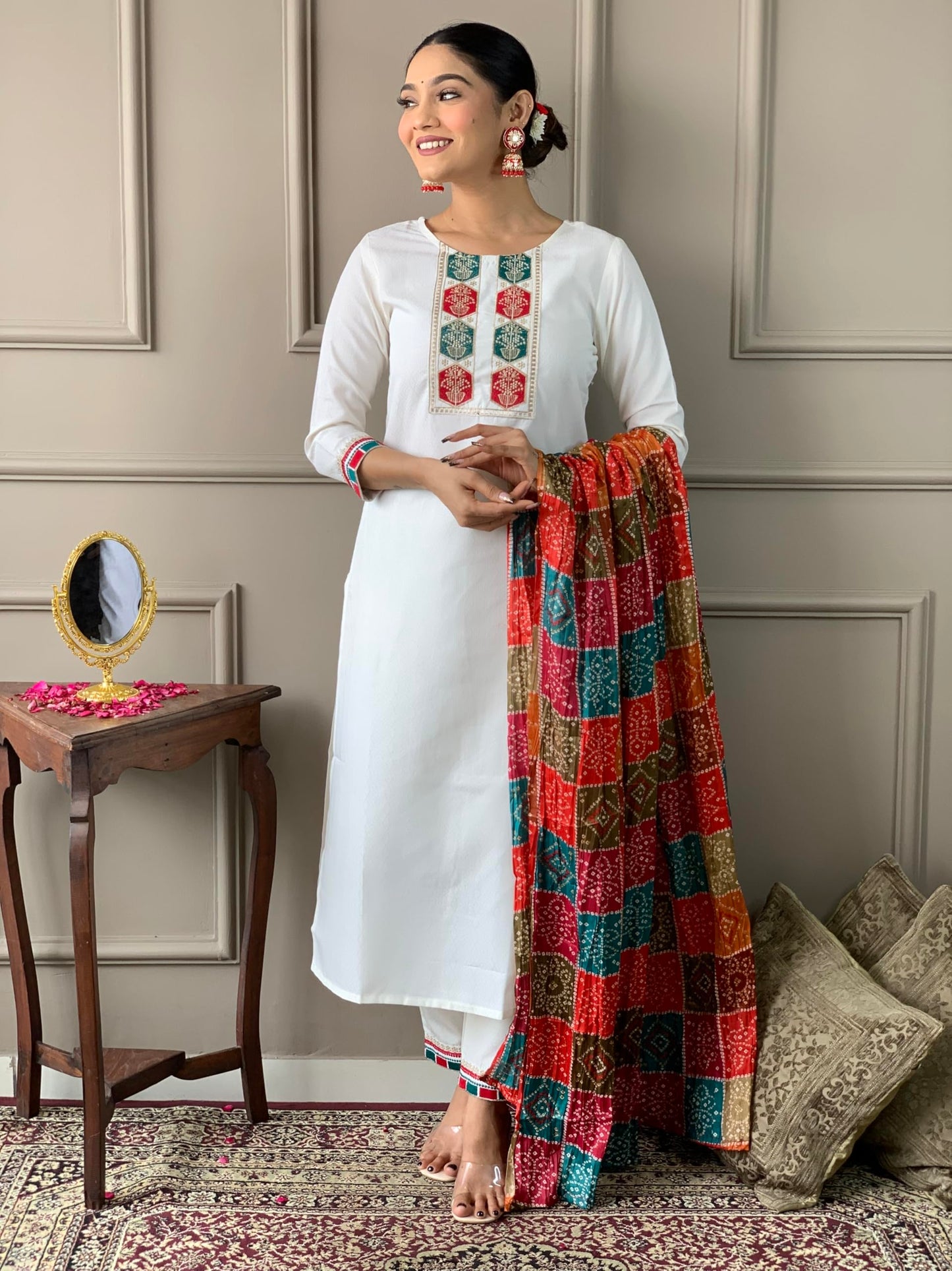 Naixa WomenS Off White Viscose Embroidered Straight Kurta With Viscose Pant And Silk Blend Printed Dupatta Sets (Nx-488-Offwhit