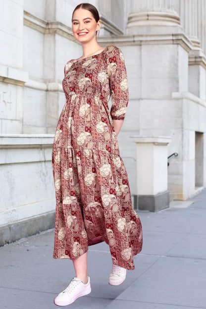 Popwings Women Casual Maroon Paisely Print Long Maxi Dress Dress | Stylish Dress | Trendy Dress