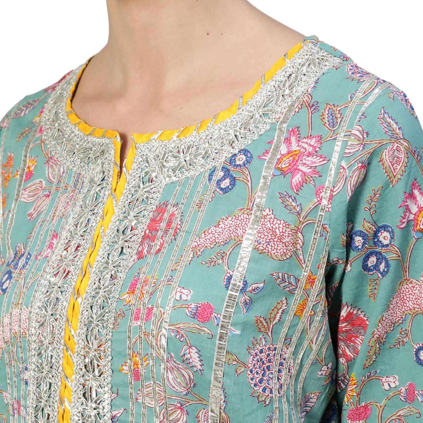 ishin Women's Pure Cotton Blue Embroidered & Gotta Patti Straight Kurta suit set With Dupatta & Sharara