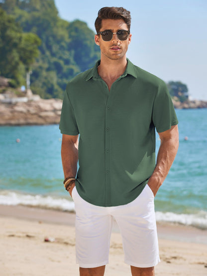 CB-COLEBROOK Mens Waffle Knit Textured Button-Down Wrinkle Free Casual Shirts, Short Sleeves, Summer Beach Tops (in, Alpha, XL,