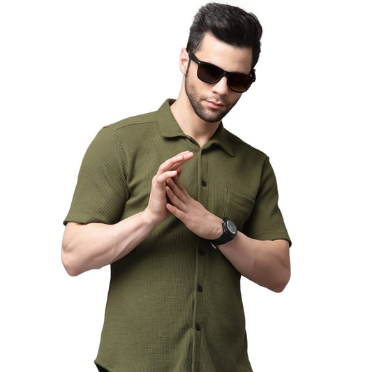 Rigo Waffle Knit Self-Textured Slim Fit Shirt for Mens | Half Sleeve Shirt for Men | Summer Shirts for Men Olive