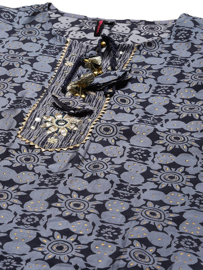 ishin Women's Silk Blend Navy Blue Embroidered & Gotta Patti A-Line Kurta suit set With Dupatta & Pant