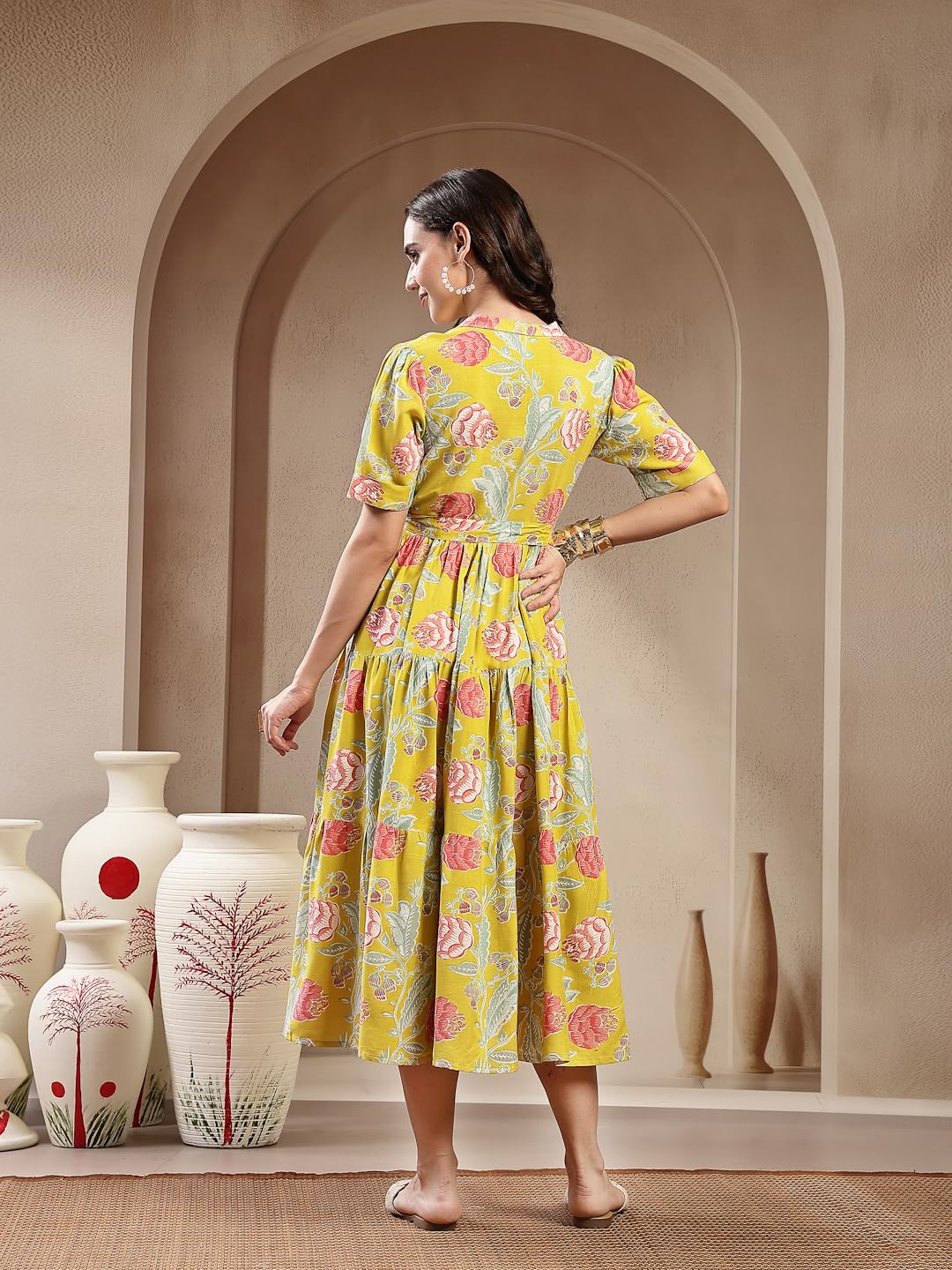 Stylum Womens Yellow Floral Printed Rayon Tiered Dress