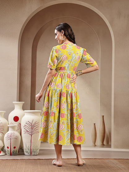 Stylum Womens Yellow Floral Printed Rayon Tiered Dress