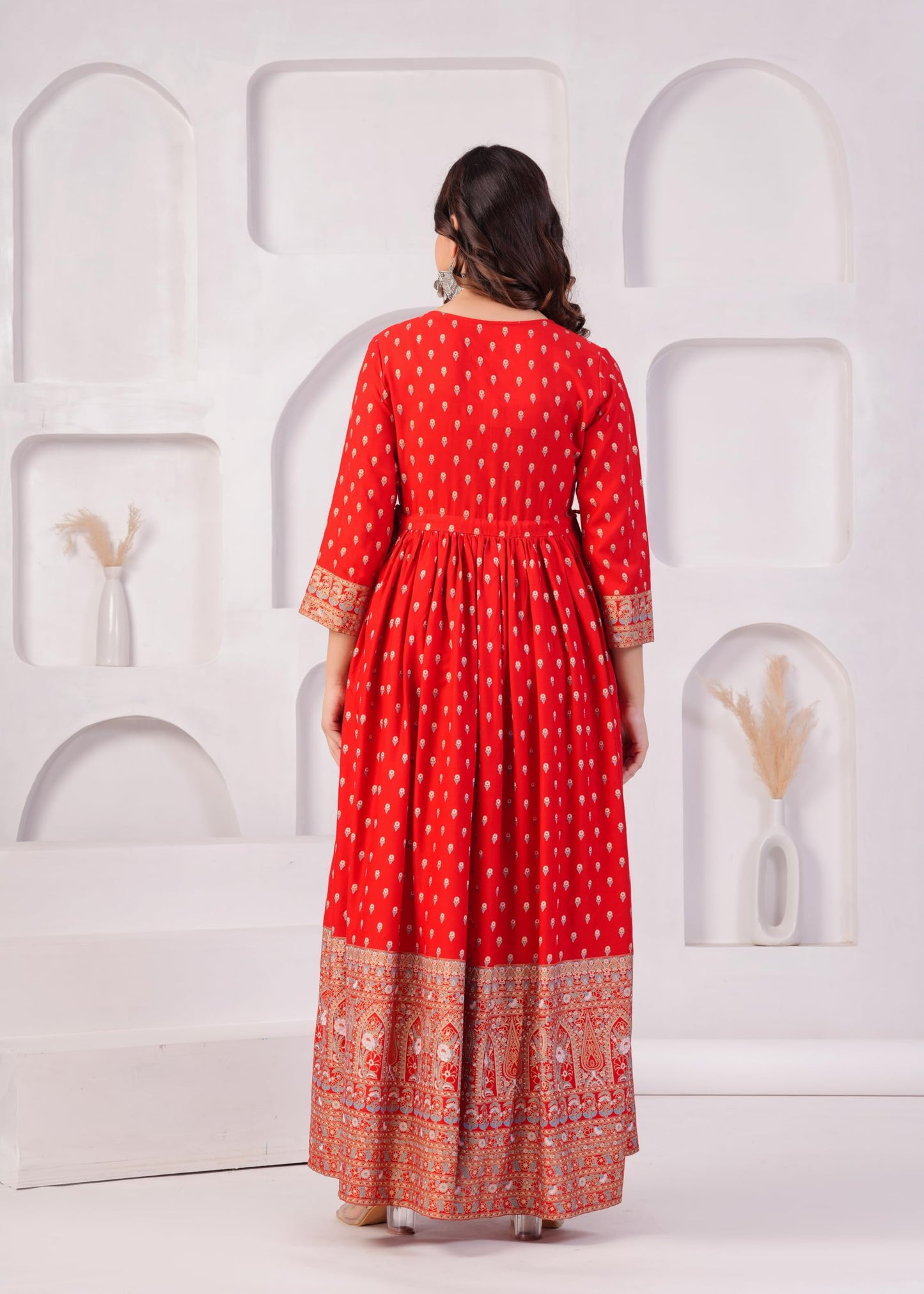 DIGITAL SHOPEE Gold Printed Rayon Ethnic Gown (Red)