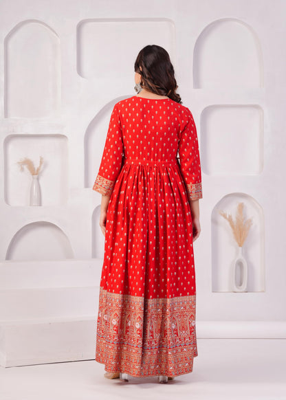 DIGITAL SHOPEE Gold Printed Rayon Ethnic Gown (Red)