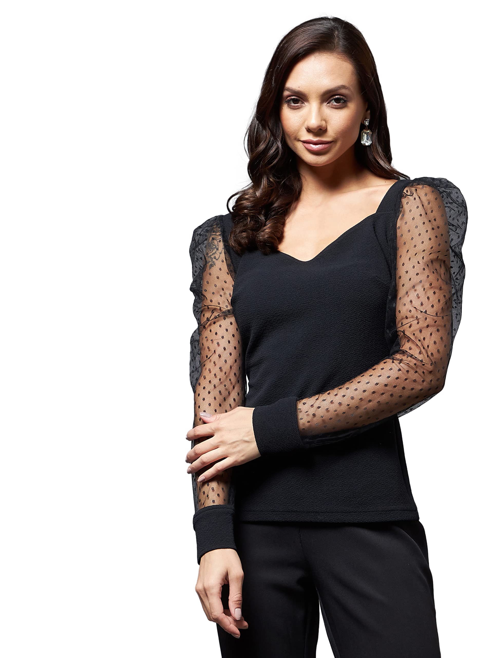 Miss Chase WomenS Black Solid V-Neck Full Sleeve Relaxed Fit Regular Top(Mcss22Tp14-16-62-05, Black, L)