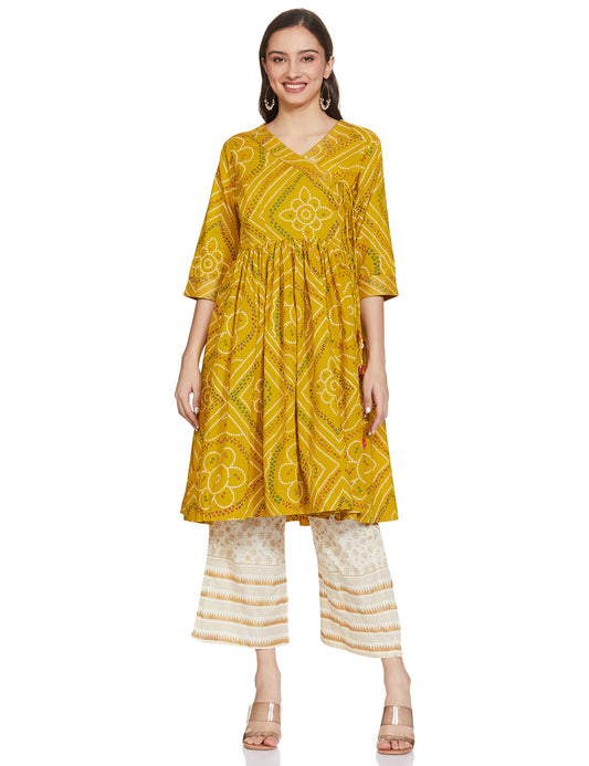 anubhutee Women's Rayon Mustard Yellow Gota Patti work Bandhani Printed Anarkali Kurta Suit Set with Palazzo
