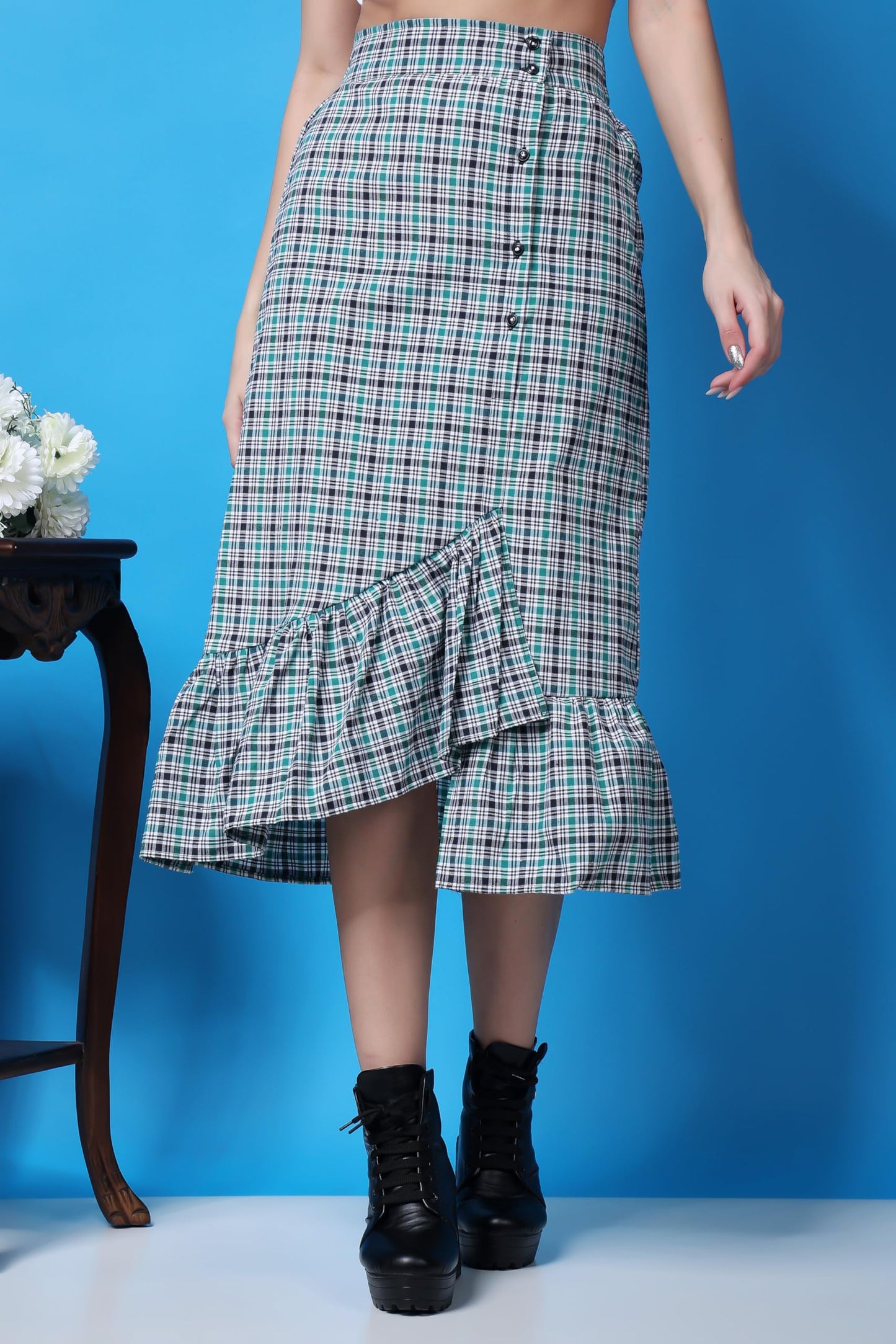 POPWINGS Casual Check Print Long Flare Skirt for Women | Cotton Skirt for Women Skirt for Women Green