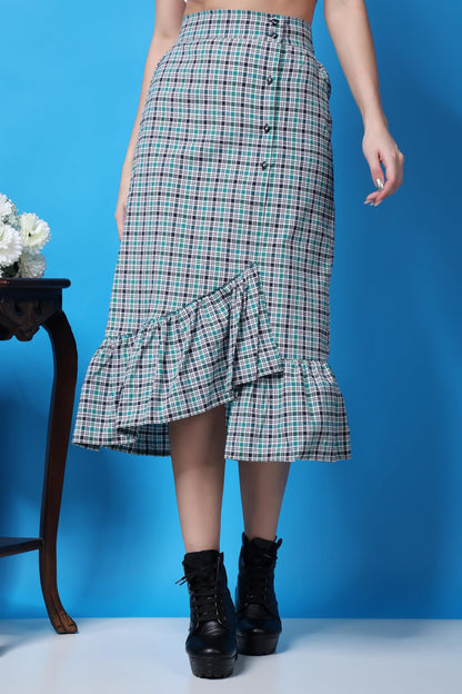 POPWINGS Casual Check Print Long Flare Skirt for Women | Cotton Skirt for Women Skirt for Women Green