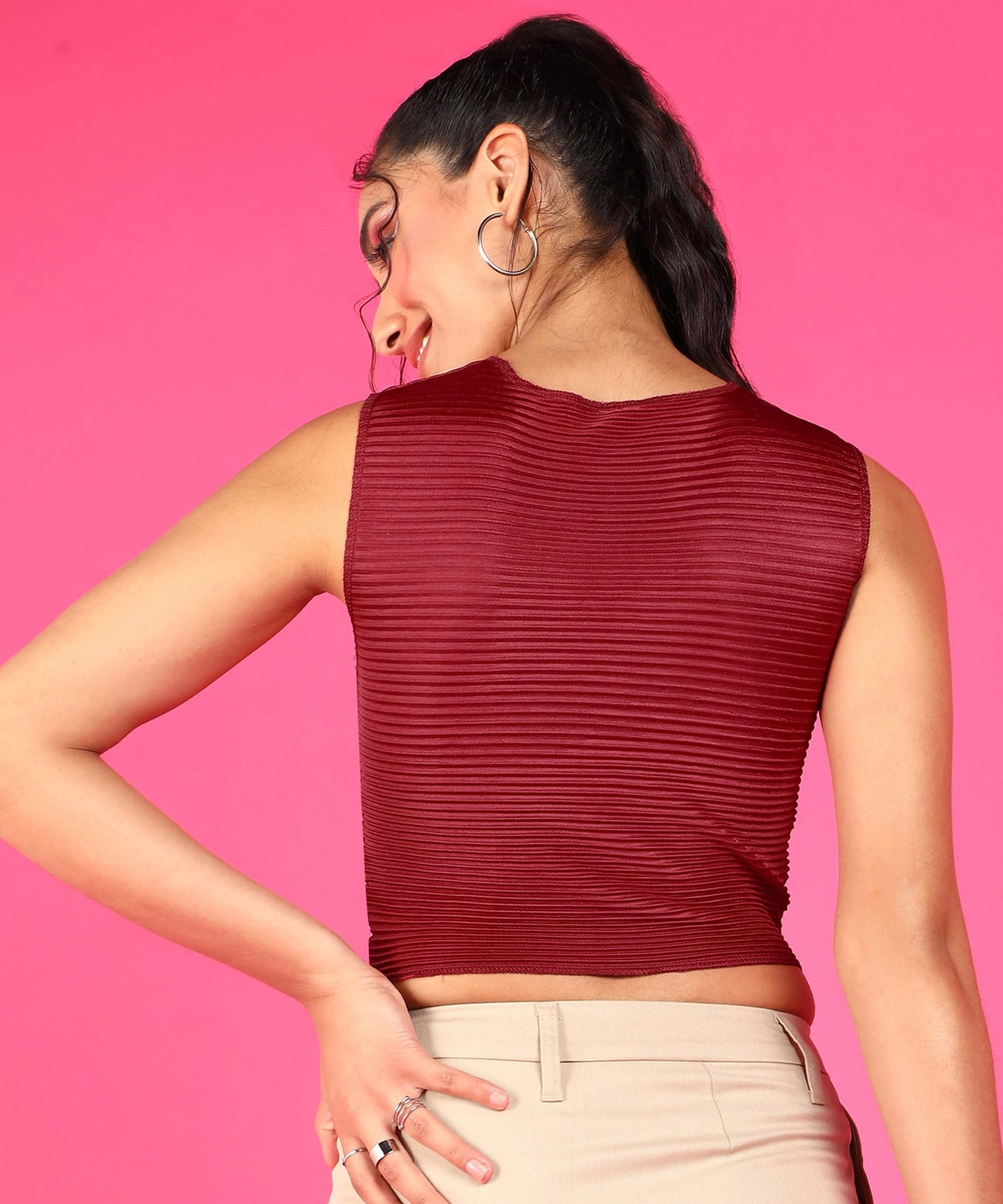 POPWINGS Casual Self-Design Wrinkle Round-Neck Sleeveless Crop Top for Women || Summer Wear Crop Tops for Women || Latest Stylis
