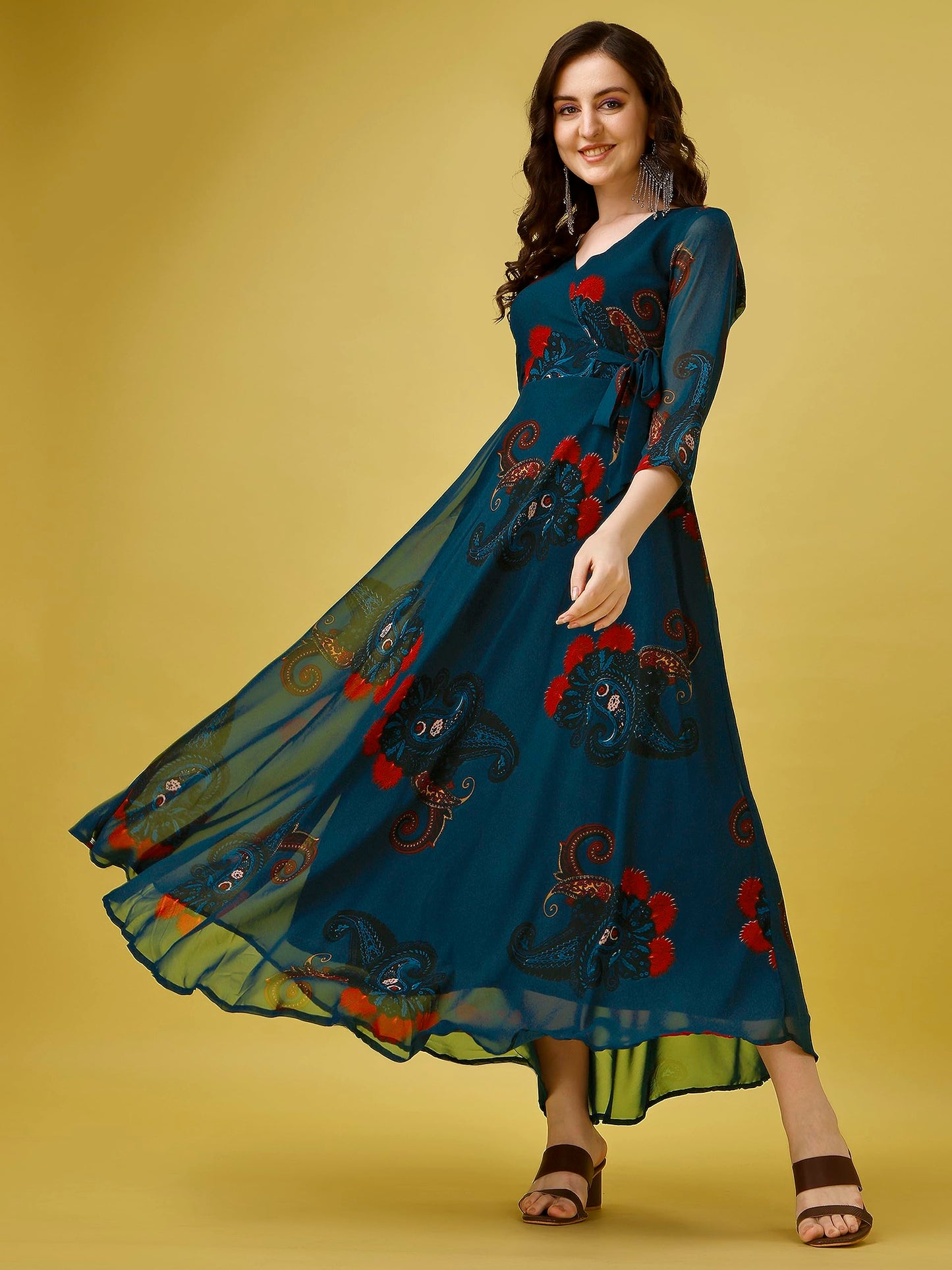 Fashion2Wear WomenS Georgette Casual Floral Digital Print V-Neck 3/4 Sleeve Knee-Length Fit & Flare Long Maxi Gown Dress For Gi