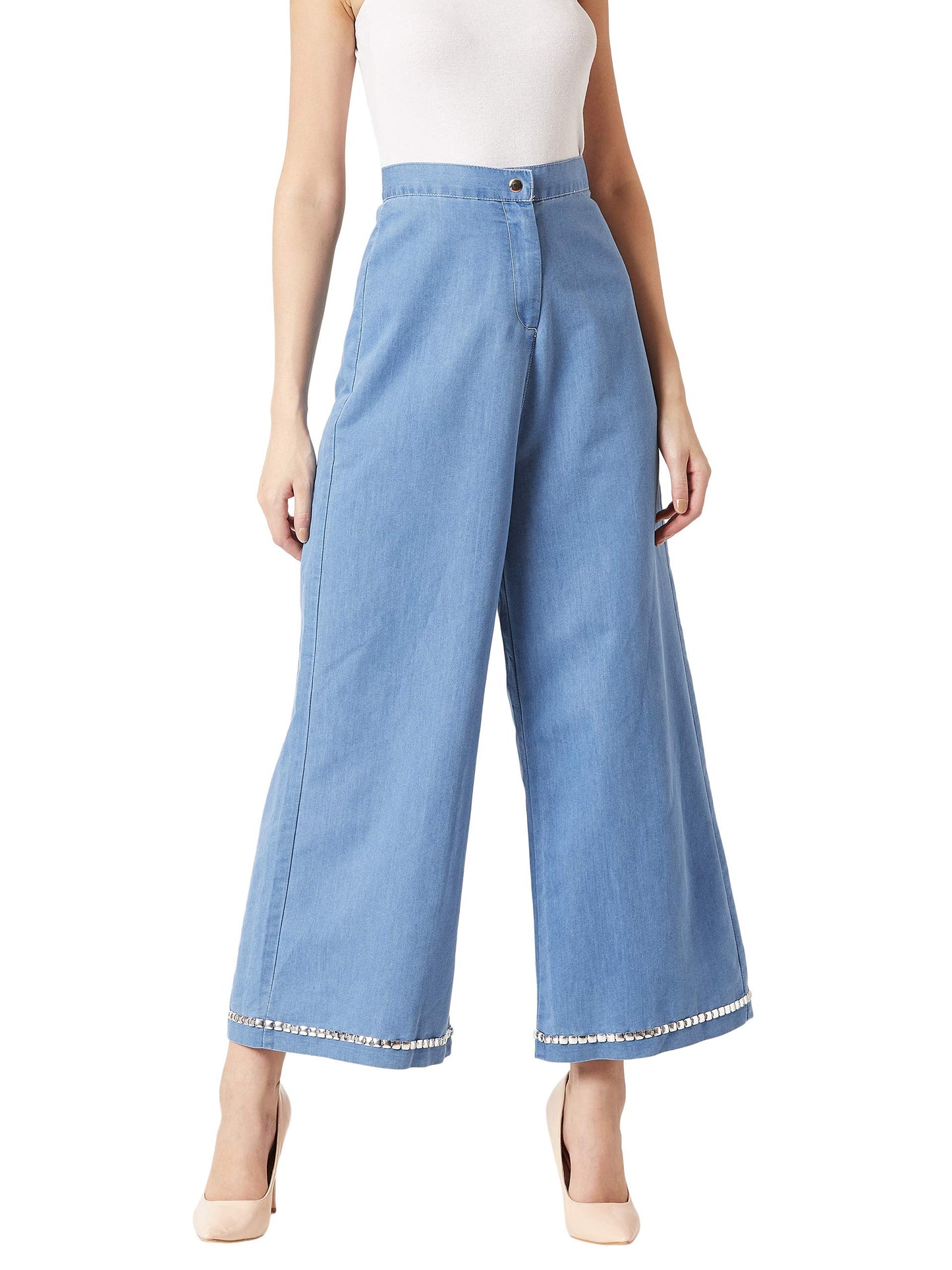 Miss Chase WomenS Blue Flared Wide-Leg Silver Lace Denim Pants(Mcaw18Den07-05-115-30,Blue,30)