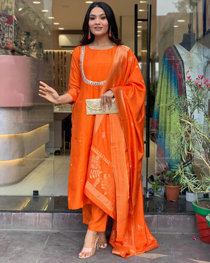 GoSriKi Ladies Silk Blend Embroidery Kurta Set - Orange, 4X-Large, Model DELUXE ORANGE-VKS01-GS