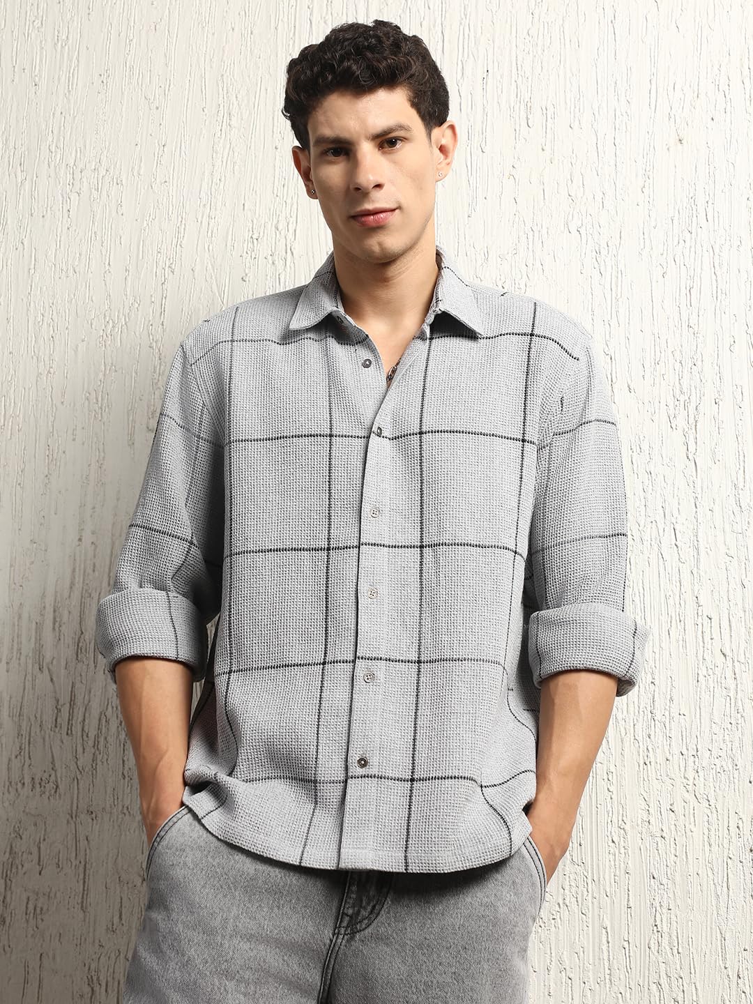 Hubberholme Men Summer Cotton Spread Collar Long Sleeves Oversized Casual Shirt 38 Grey