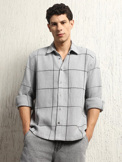 Hubberholme Men Summer Cotton Spread Collar Long Sleeves Oversized Casual Shirt 38 Grey
