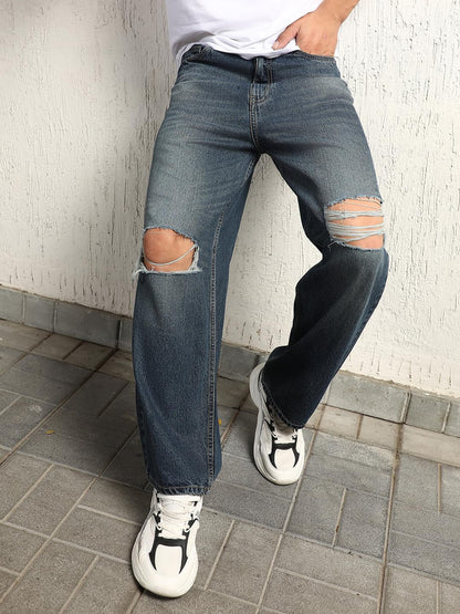 Hubberholme Men Summer Cotton Wide Leg Mid-Rise Jeans 15 Blue