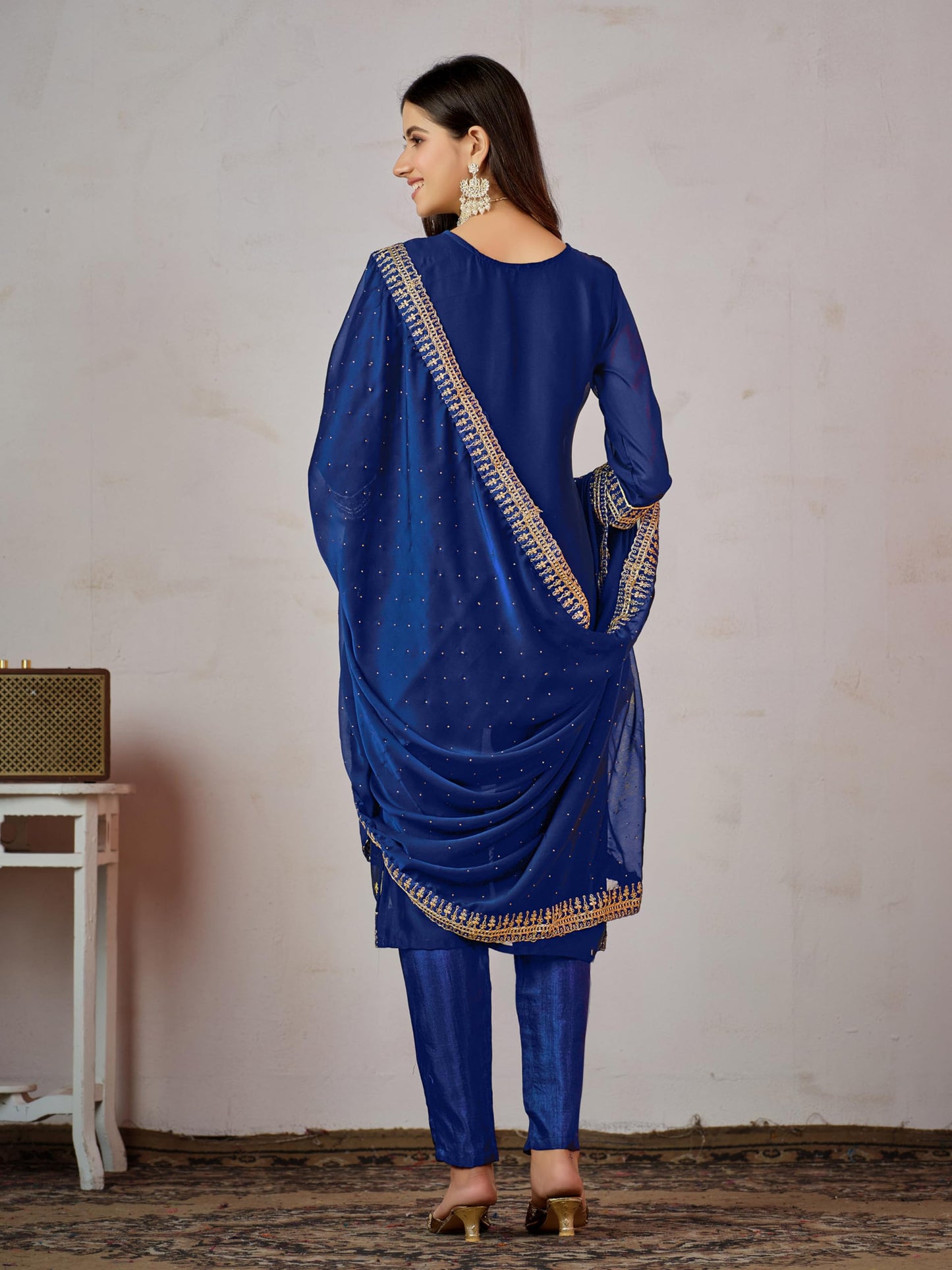 ishin Women'S Ethnic Blue Embroidered Motifs Art Silk Kurta Set With Dupatta