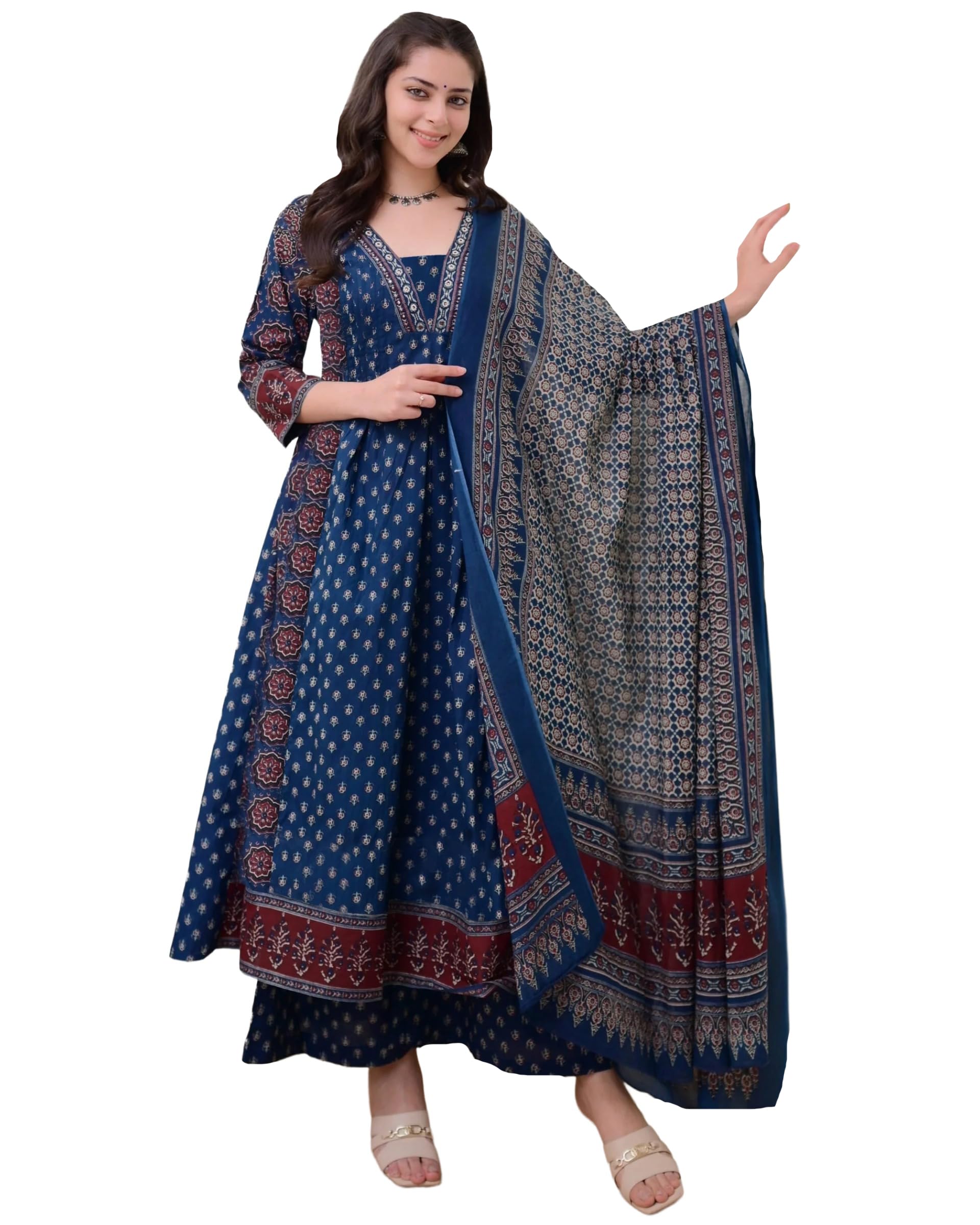 Anni Designer WomenS Rayon Viscose Printed Anarkali Kurta With Palazzo & Dupatta (Nakula Blue-Vks08_S_Blue_Small)