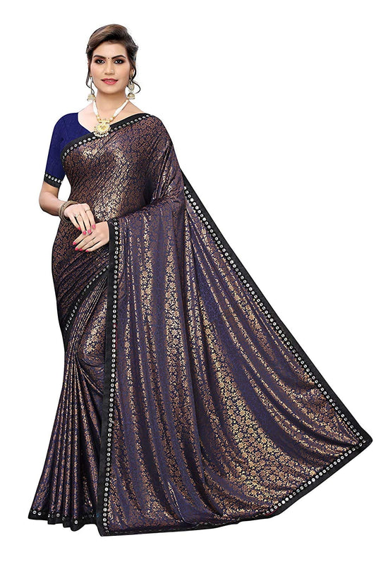 Anni Designer Black Color Lycra Golden Flower Print Saree With Blouse Piece (MITHUNJAY_BLACK_Free Size)