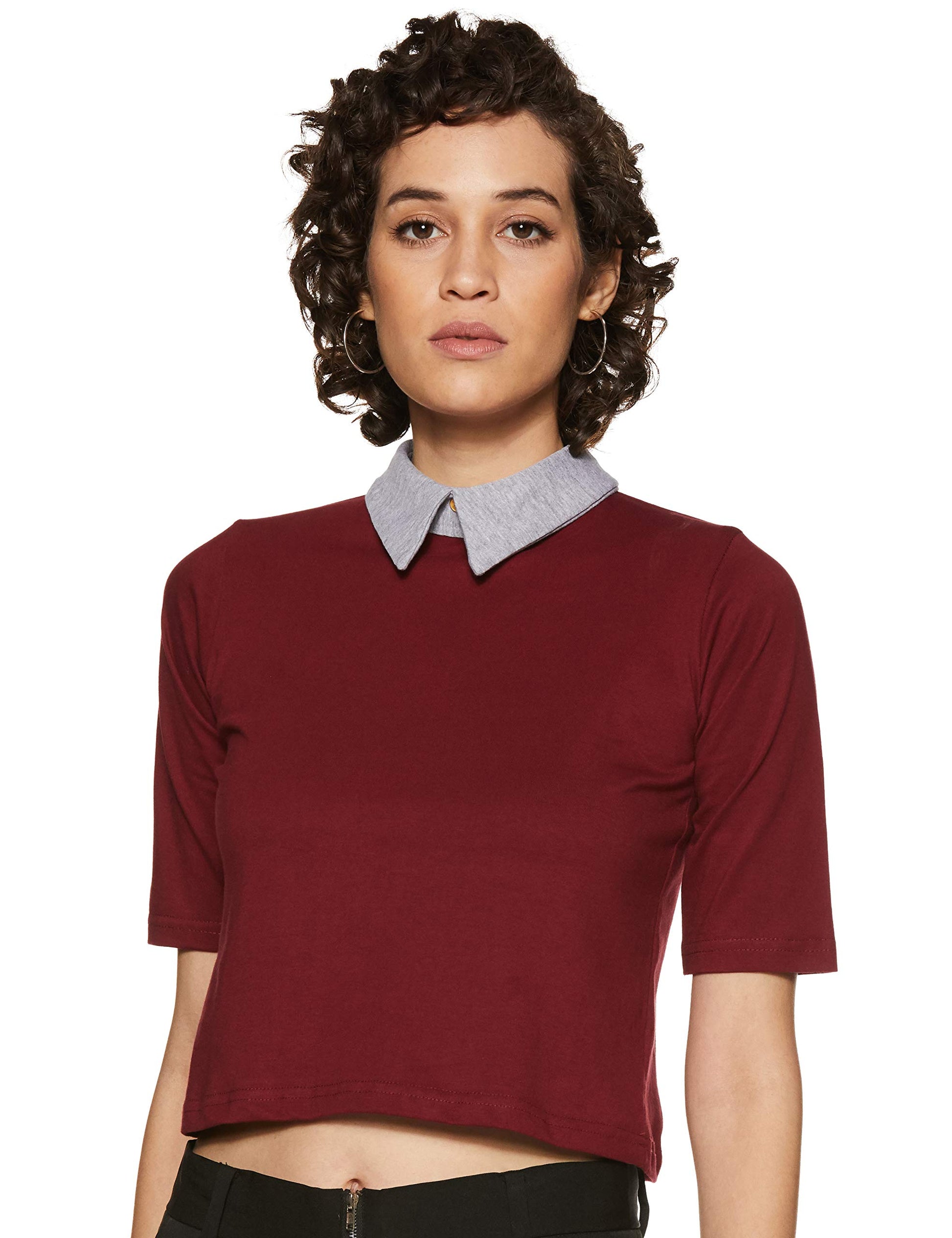 Miss Chase WomenS Maroon & Grey Half Sleeves Round Neck Solid Crop Top (Mcaw14Tp01-43-153-06-Multicolor-Xl)