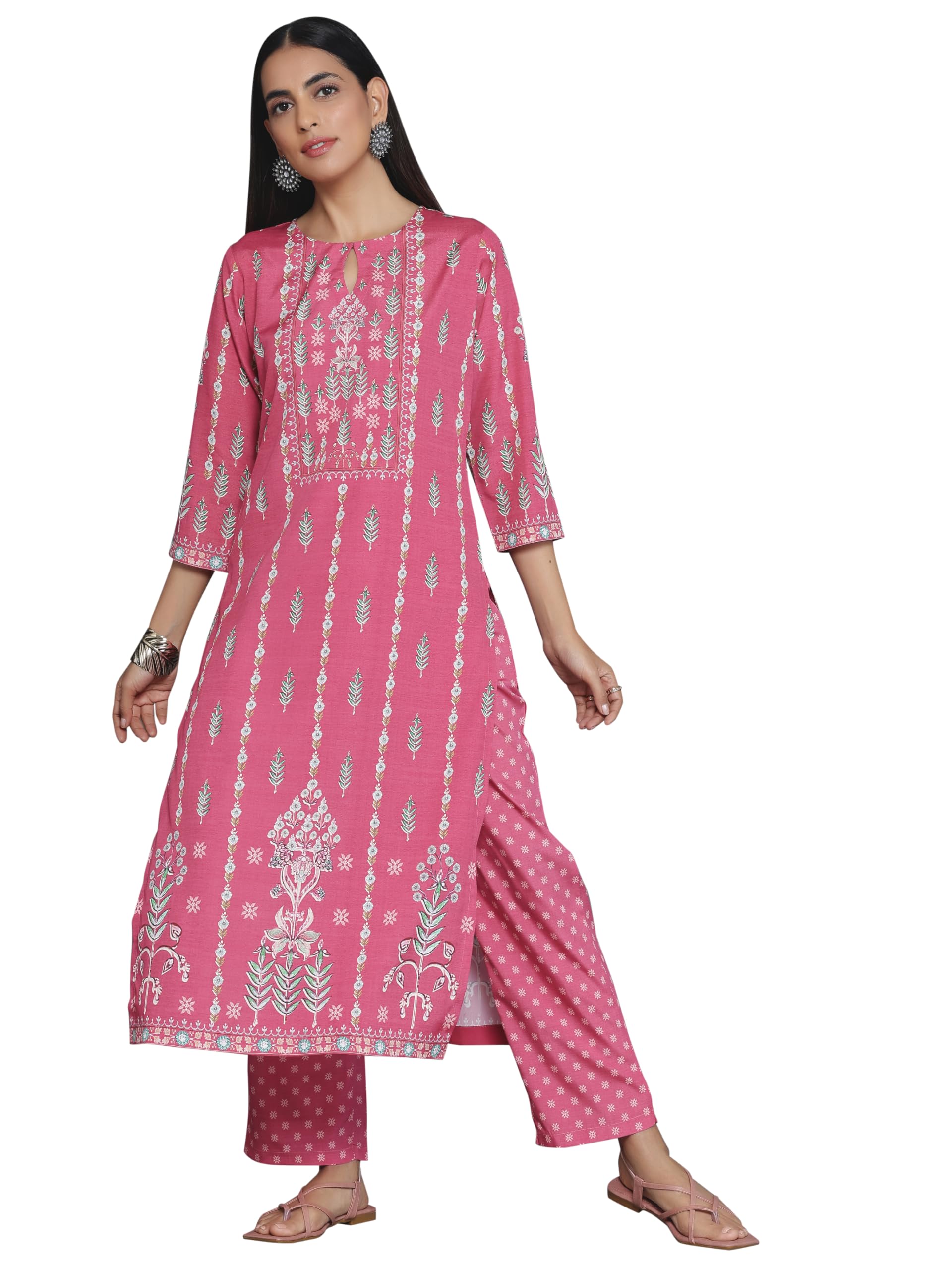 Libas Coral Printed Poly Crepe Straight Kurta With Trousers