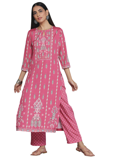 Libas Coral Printed Poly Crepe Straight Kurta With Trousers