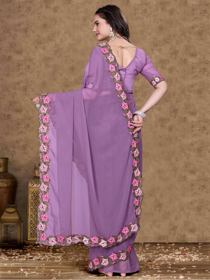 Suketa WomenS Soft Georgette Saree With Floral Printed Border Unstitched Blouse Piece Solid Pattern | Saree For Woman Daily Wear