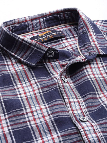 The Indian Garage Co Mens Navy & White Cotton Slim Fit Full Sleeve Checked Shirt