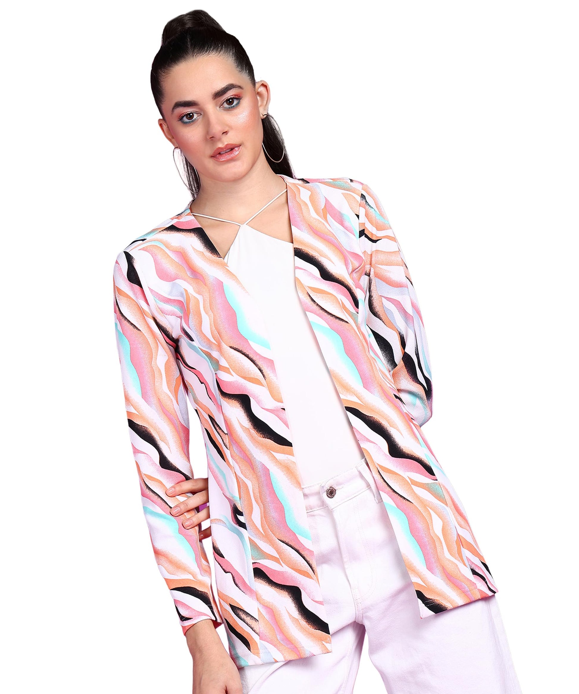 POPWINGS Women Casual Multi Color Marble Printed Open Long Shrug