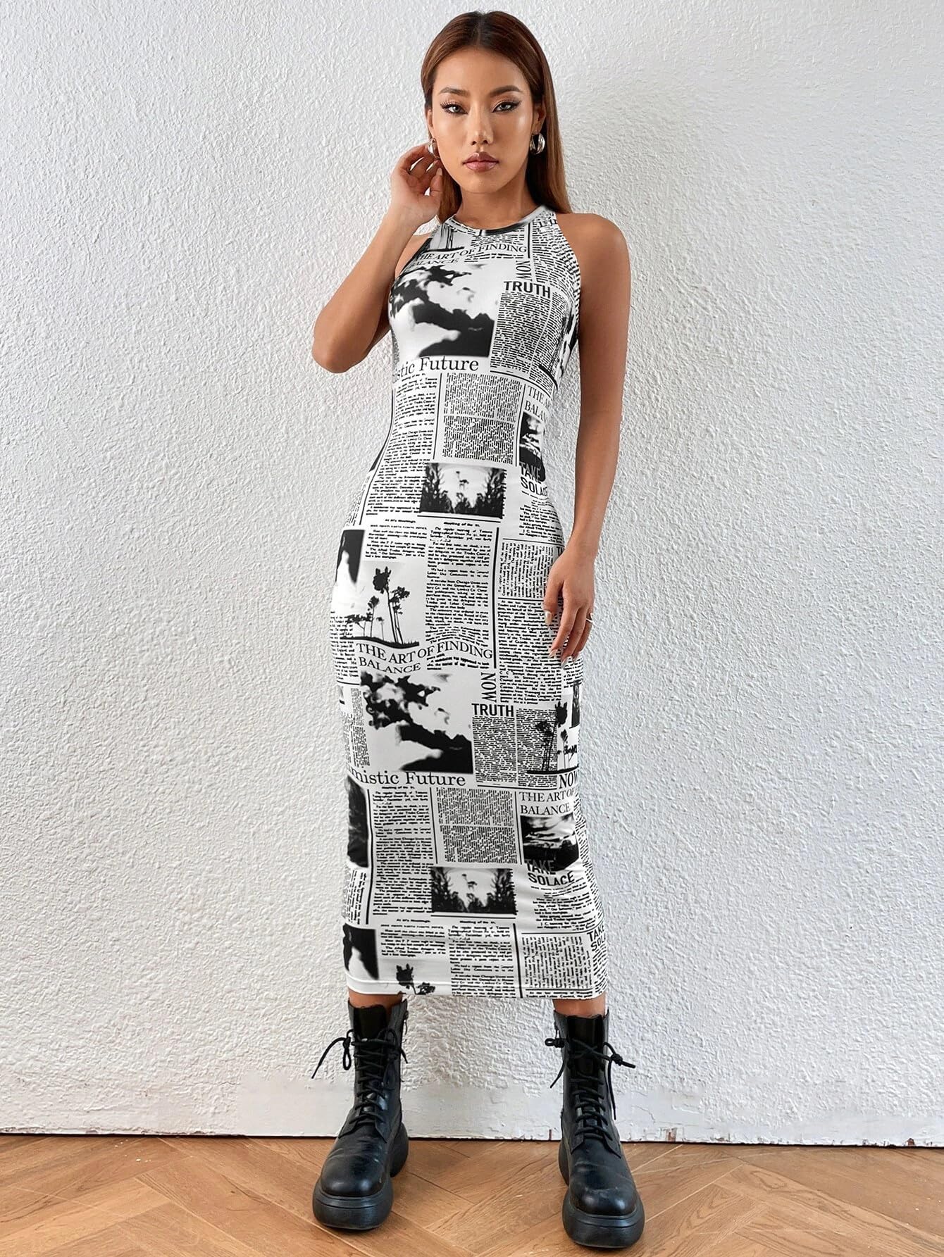 Toochki Dress for Women | One Piece Dresses | Midi Bodycon for Womens | Newspaper Printed Body con