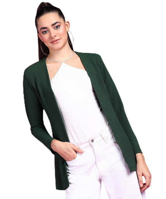 POPWINGS Women Casual Dark Green Solid Open Long Shrug