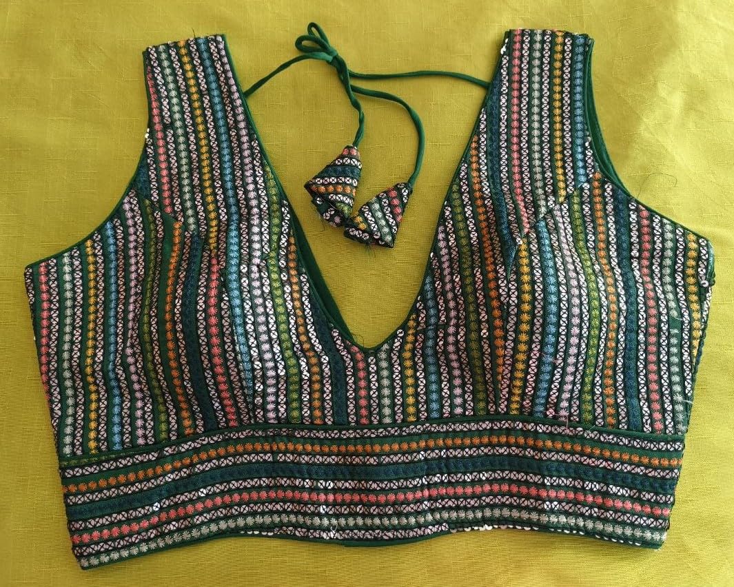 Vihu Fashion Womens Sleeveless Readymade sabyasachi Pattern V Neck Blouse Embroidery Work with Sequence Blouse Indian Ethnic we