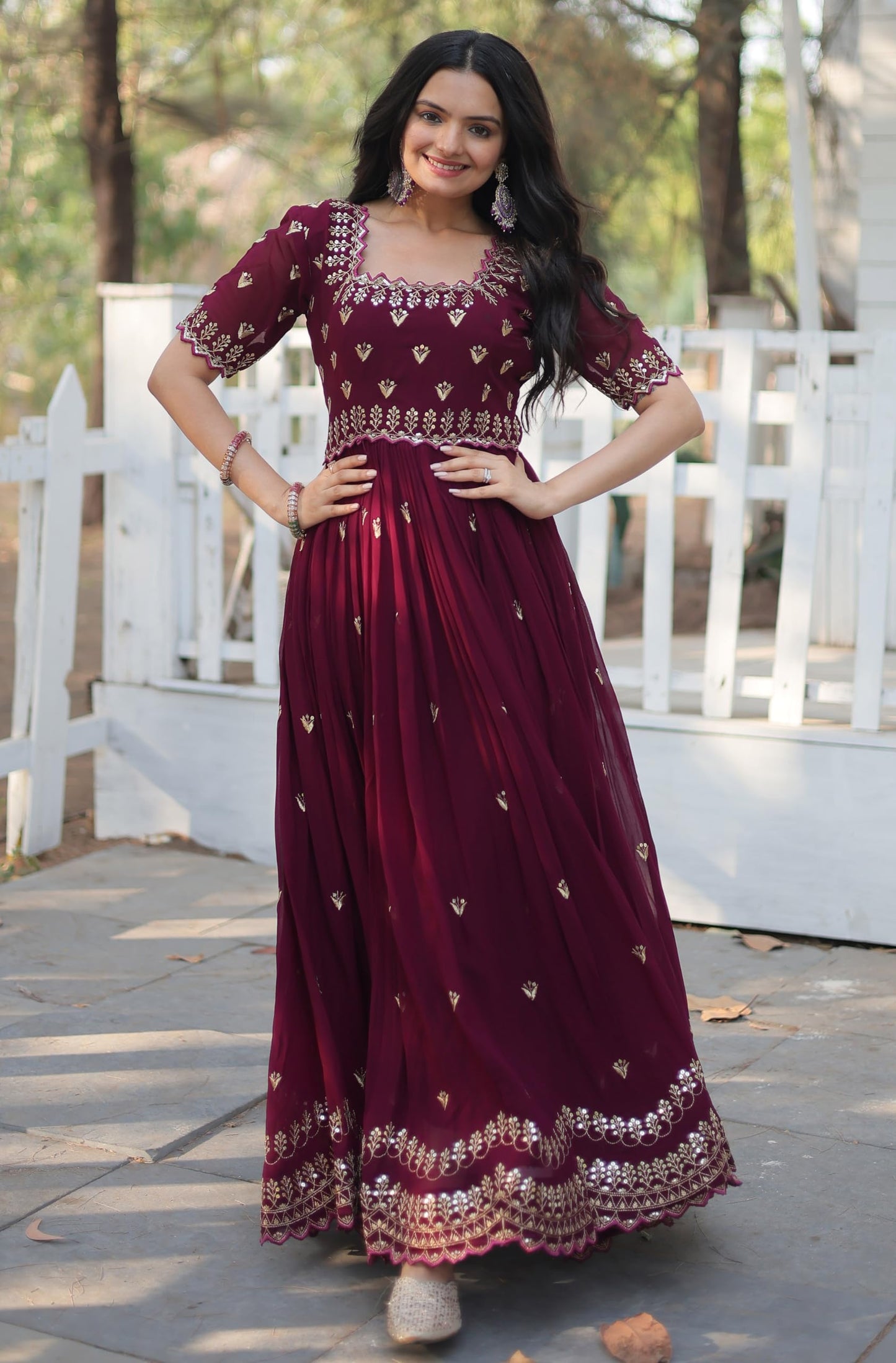 Fashion Basket Georgette Maroon Embroidered Gown For Women