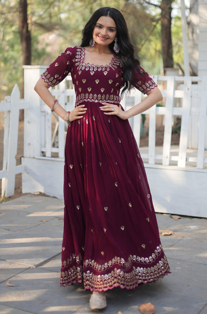 Fashion Basket Georgette Maroon Embroidered Gown For Women