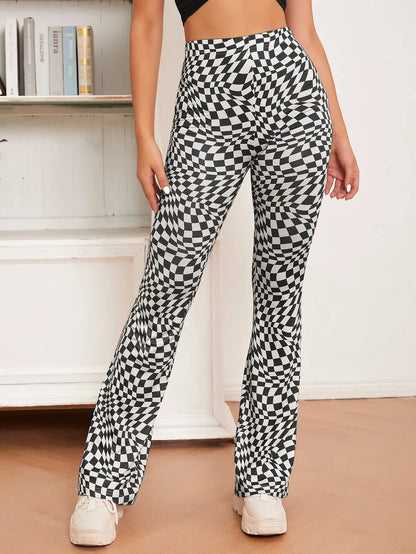 Shasmi Womens & Girls Black Checkered Print Dress Pants Stretchy Work Slacks Business Casual Office Bell-Bottom/Boot-Cut Elasti
