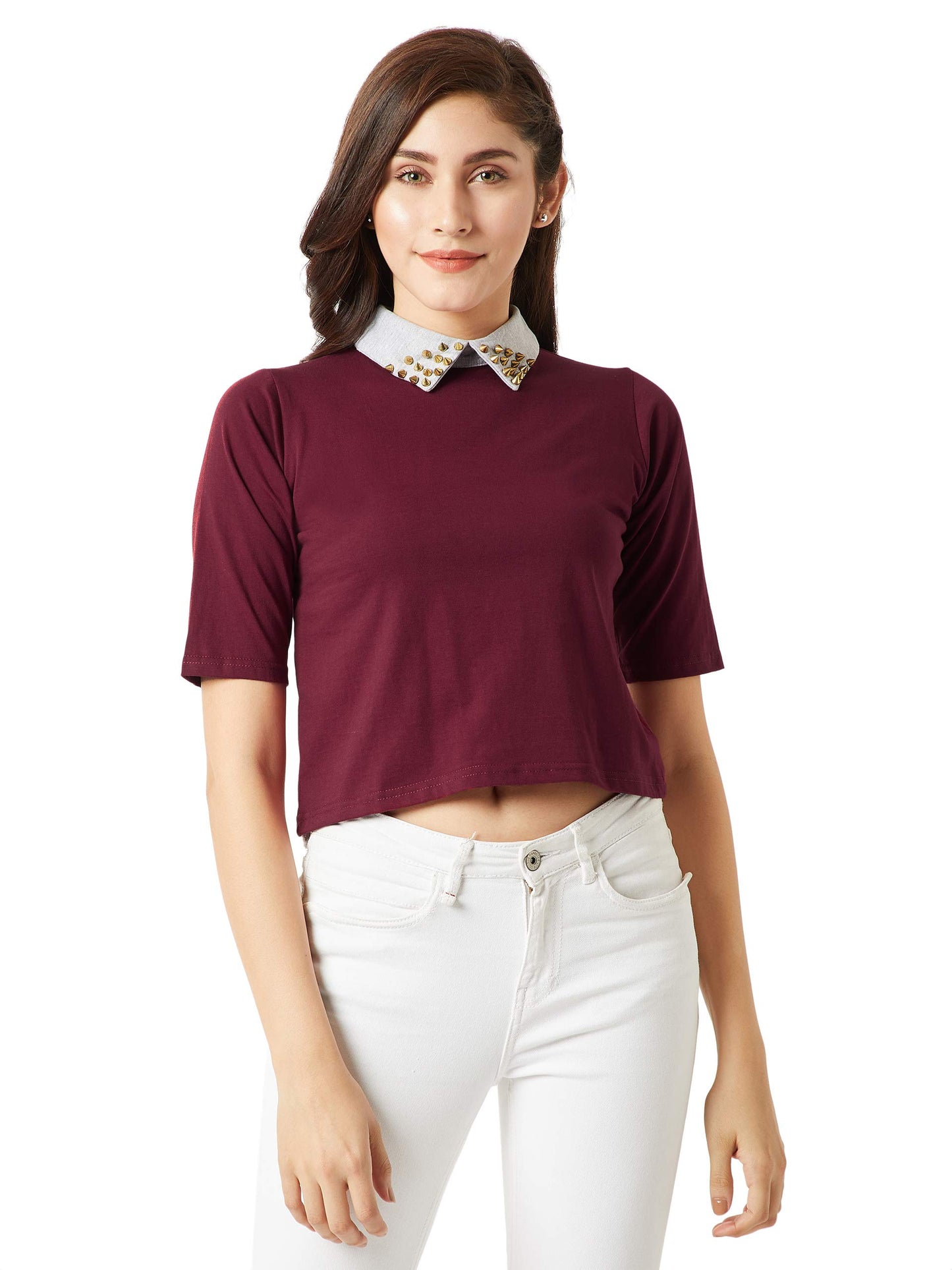 Miss Chase WomenS Maroon Cotton Collared Crop Top(Mcaw18Tp11-54-143-06_Maroon_X-Large)