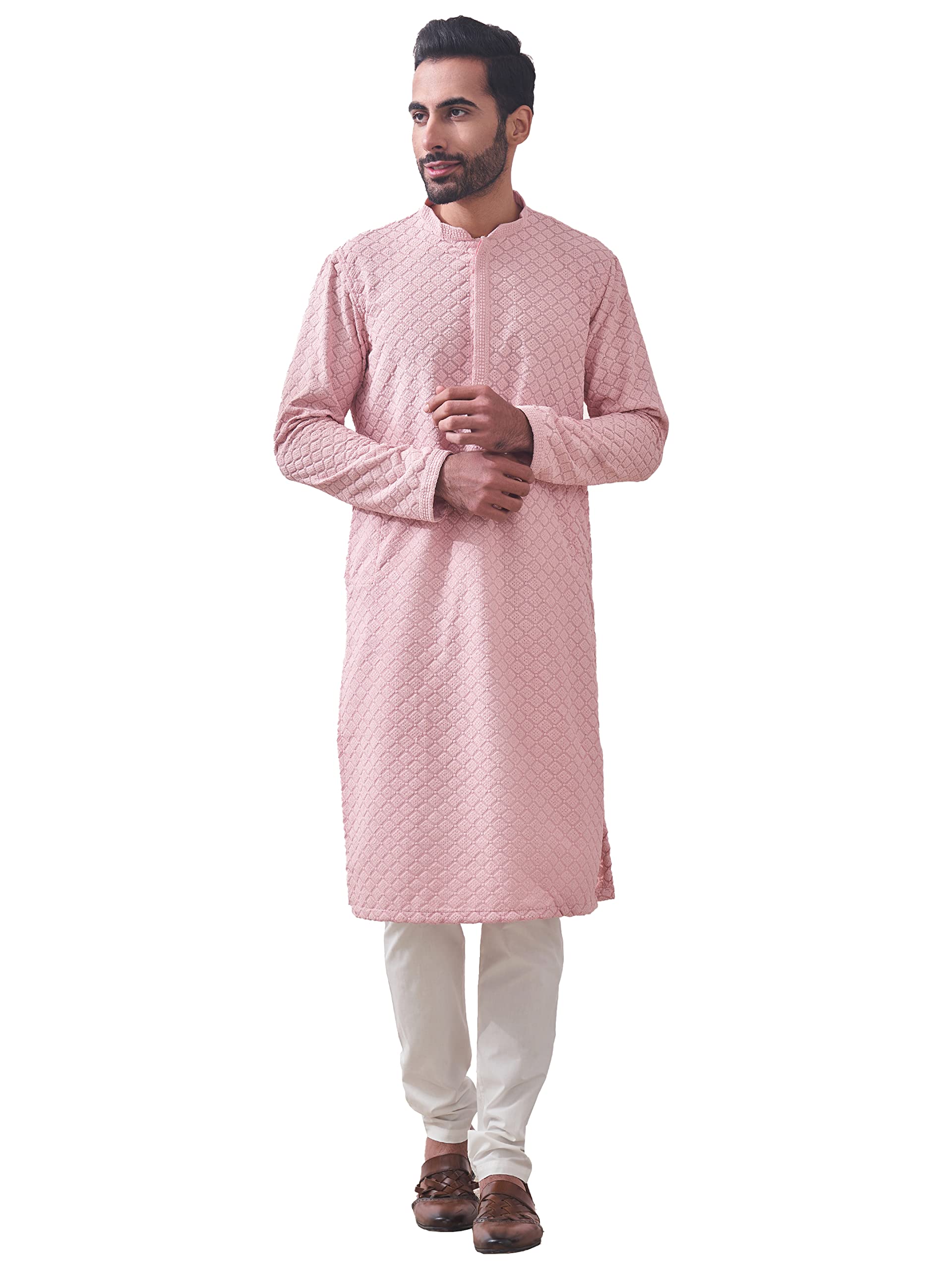 Manyavar Pink Blended Cotton Full Sleeve Kurta Set | Traditional Kurta Set For Men (XL)